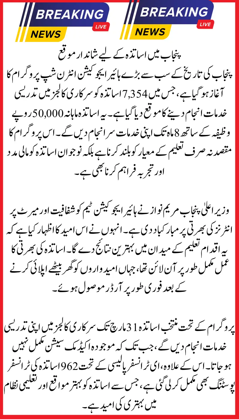 Punjab Launches Largest Higher Education Internship Program for 7354 Teachers to Provide 50000 Monthly Stipend 