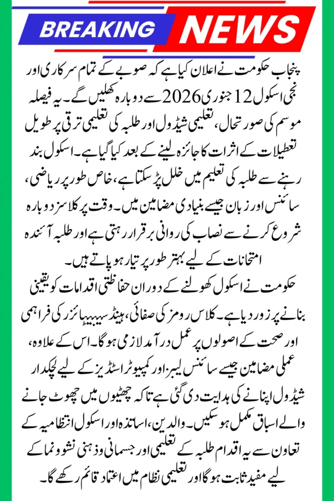 Punjab Schools Reopening on January 12 – Winter Holiday Extension Cancelled 