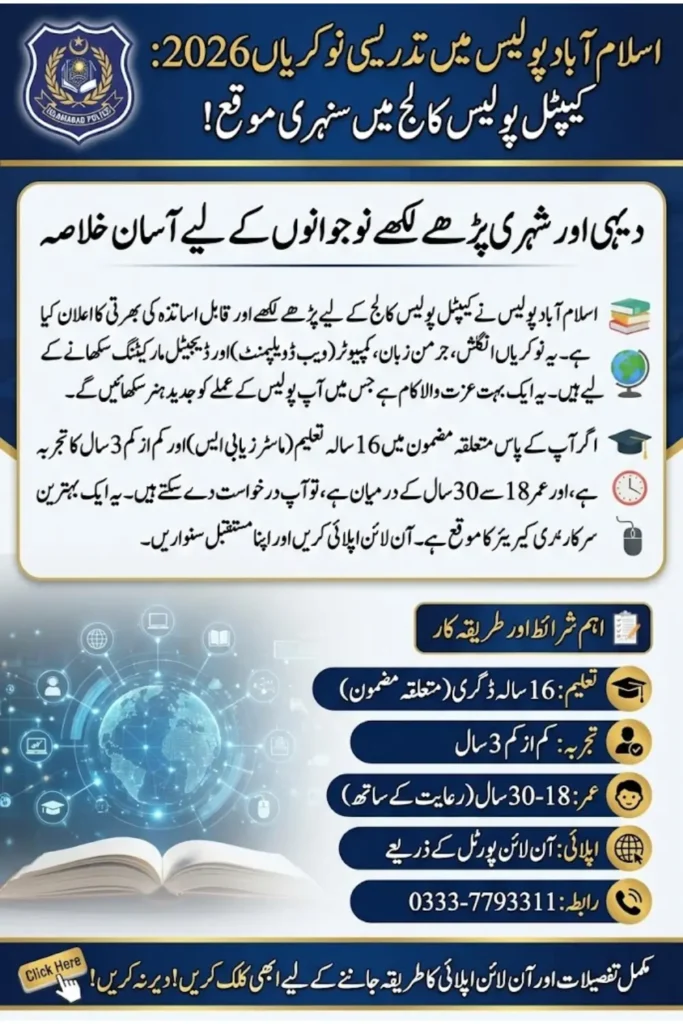 Islamabad Police Teaching Jobs 2026 at Capital Police College ICT Check Now